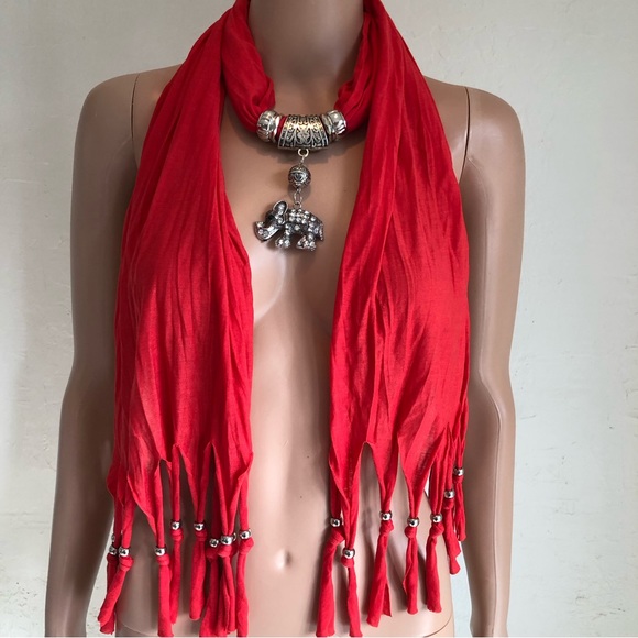 Scarf Pendant Necklace With Bejeweled Elephant Nickel Metal Tassels Bohemian - Picture 1 of 13